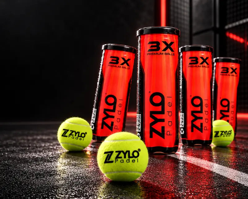 Four tubes of ZYLO Premium Padel Balls and three balls on a dark padel court lit in red