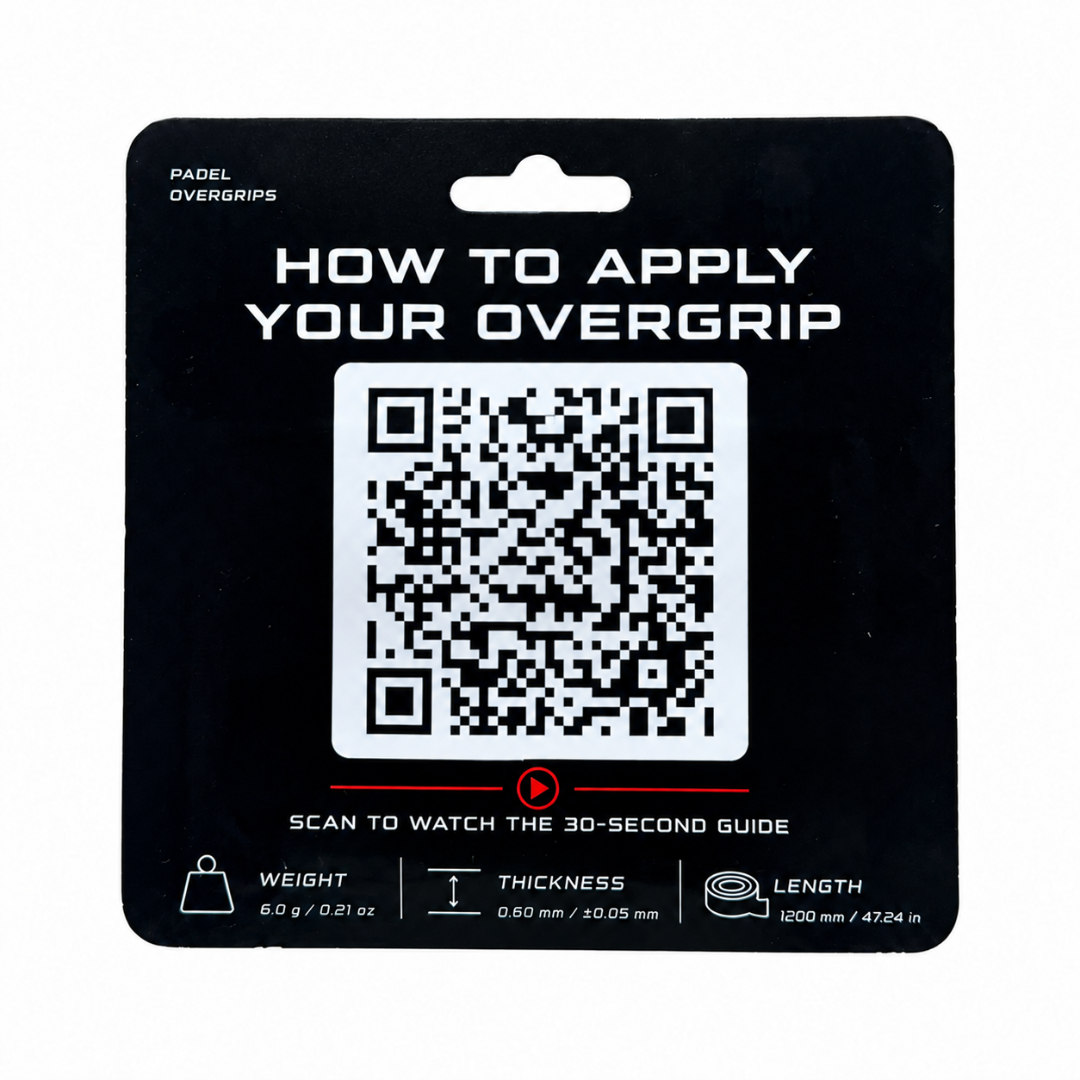 A black retail card for Padel Overgrips showing a large QR code and the text 'HOW TO APPLY YOUR OVERGRIP' with weight, thickness, and length specifications below.
